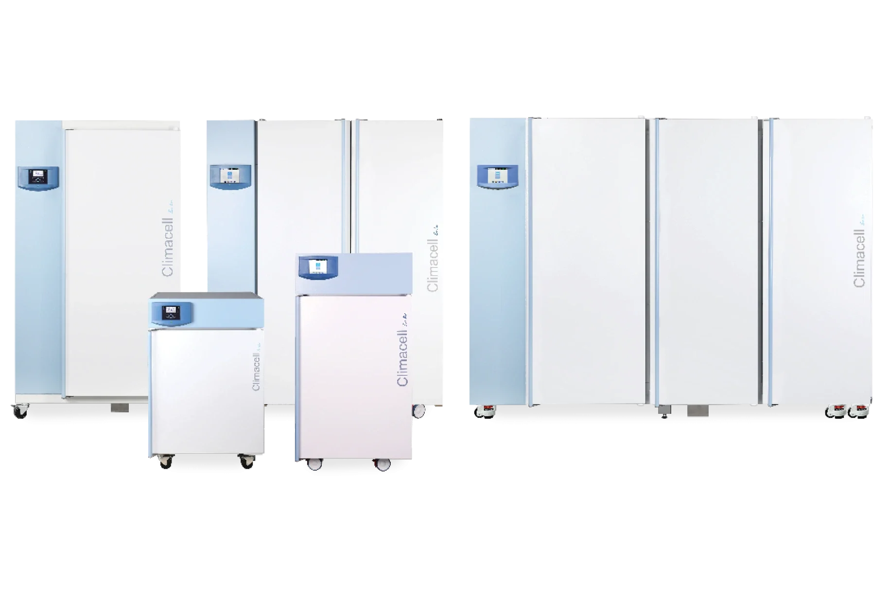 Climacell climate chambers in various sizes for ICH stability testing, shelf life studies, and materials testing applications.